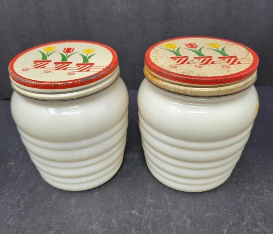 2 Vintage FireKing Ribbed Grease Jars W/Tulip Lids