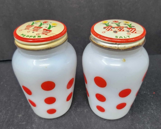 Vintage FireKing Red Dot Shakers W/Tulip Lids