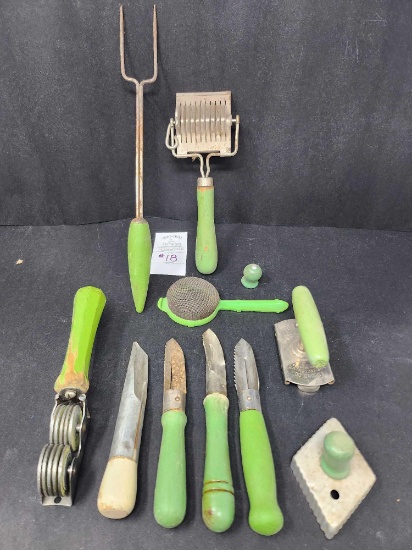10 Vintage Green Handled Kitchen Utensils