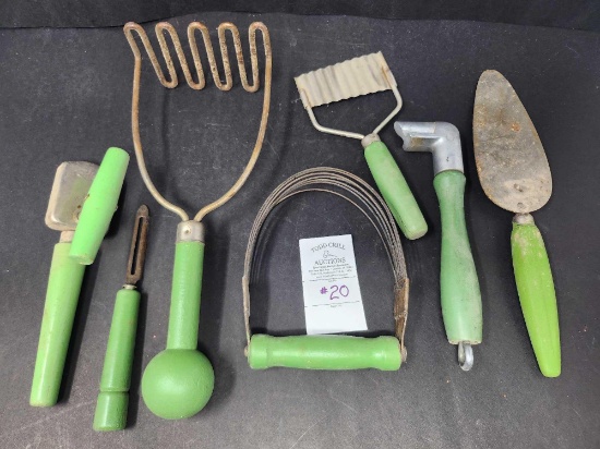 7 Vintage Green Handled Kitchen Utensils