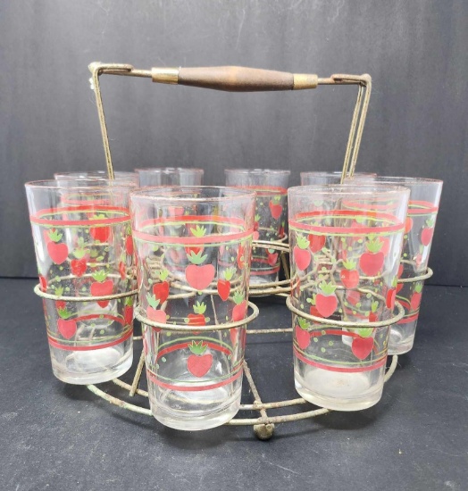 8 Vintage Red Strawberry Glasses W/ Round Metal Rack