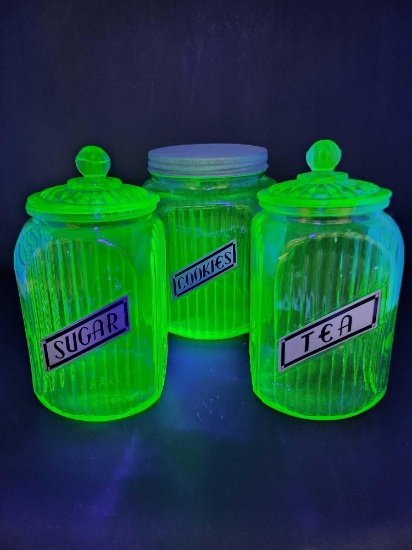 3 Piece Anchor Hocking Green Depression Uranium Glass Canister Set