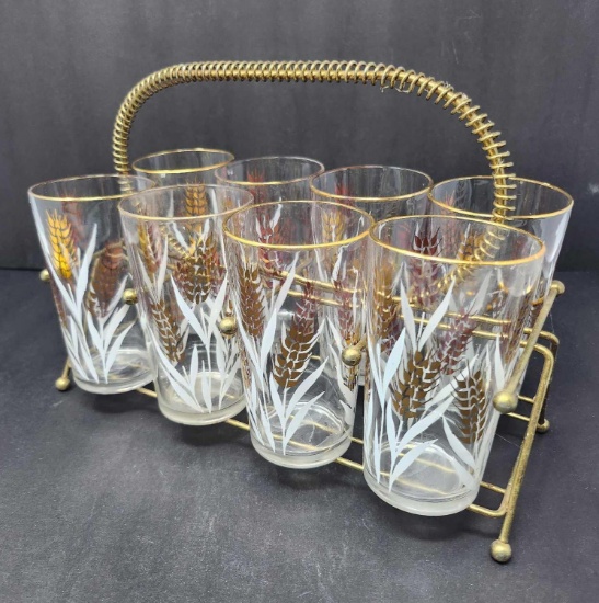 Set Of 8 Gold Rimmed Water Glasses w/Metal Carrier