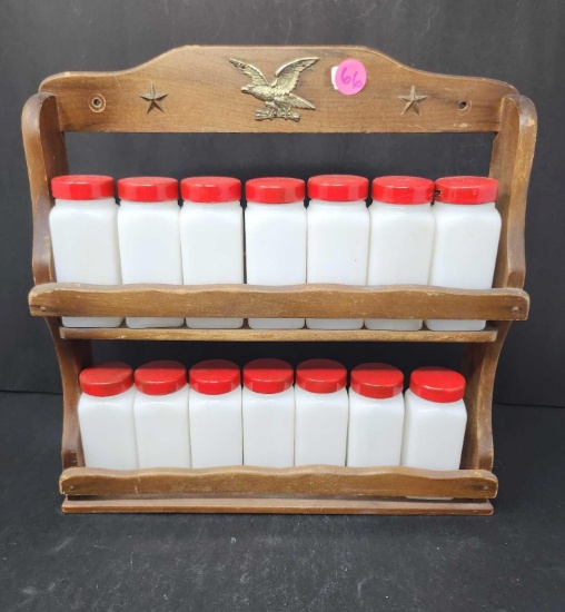 Vintage Spice Rack w/14 Milk Glass Spice Jars