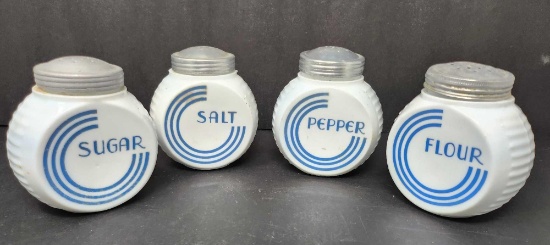 4 Pc Vintage FireKing Vitrock Blue Circle Shaker Set