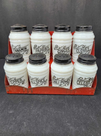 Set Of 8 Vintage Hazel Atlas Milk Glass Spice Jars