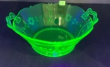 Vintage Green Depression Uranium Handled Glass Bowl 9 inch
