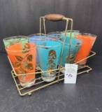 8 Vintage Drink Glasses w/Rack Holder