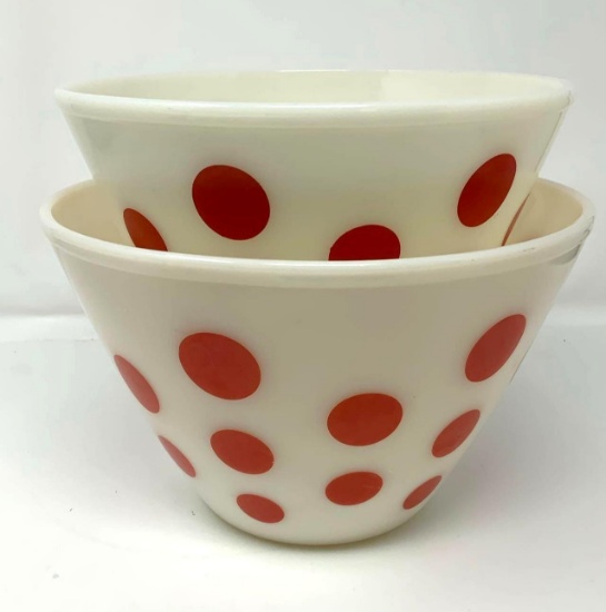2 - Fire King Red Dot Splash Proof Mixing Bowls