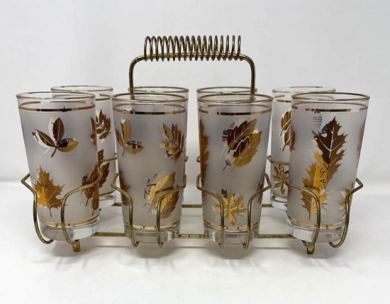 8 - Libby Golden Harvest Highball Glass Set w/ Metal Caddy