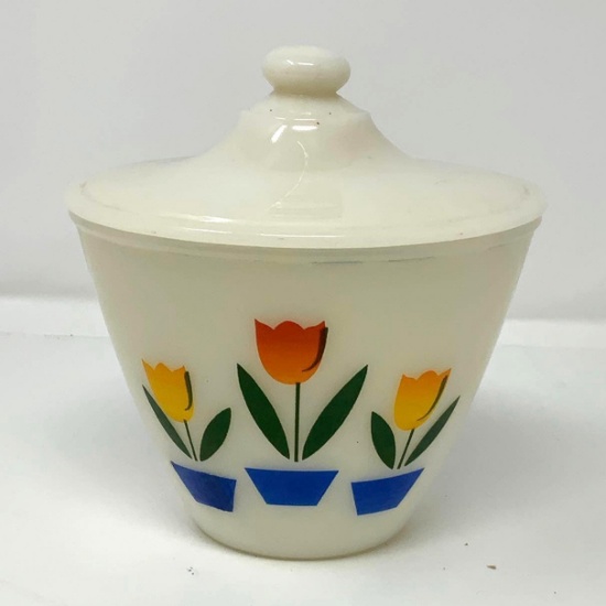 Fire King Tulips on Ivory Grease Jar