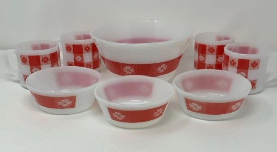 Federal Milk Glass Red and White Gingham Checkered Floral Items