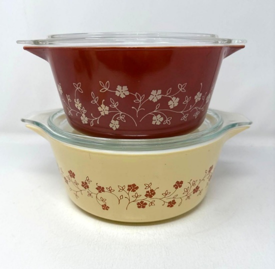 Pyrex Beige and Red Trailing Flowers Bake and Carry Round Casseroles