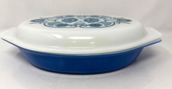 Pyrex Horizon Blue 063 Oval Divided Dish w/ Lid