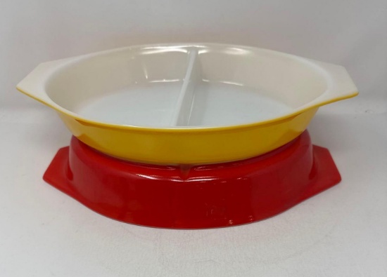 Pyrex Red 1 qt and Yellow 1.5 qt Divided Casserole