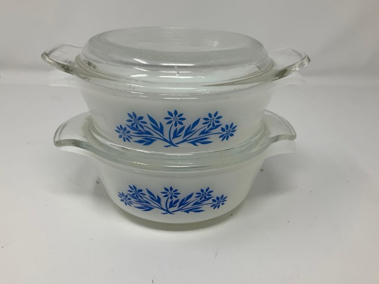 2 - Fire King Milk Glass Blue Cornflower Casserole Dishes