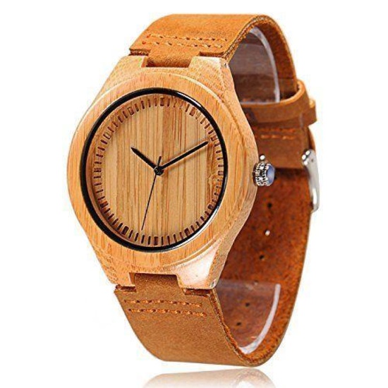 Cucol Wrist Watches Men's Bamboo Wooden With Brown Cowhide Leather Strap Quartz