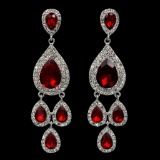 Rhodium Plated Red Crystal Rhinestone Chandelier Drop Dangle Earrings