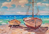Yacht seascape realism original oil painting colorful art summer barcas seaside