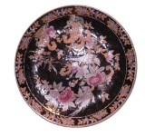 Vintage Oriental Charger Birds Flowers Vines black gold painted highlight 12.5