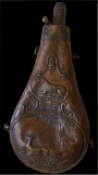 Vintage G & J.W. Hawksley Powder Flask English Brass Beautiful Hunting Scene