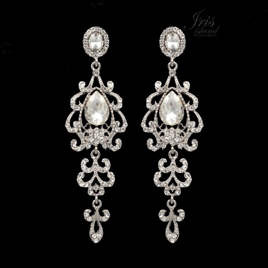 Rhodium Plated Clear Crystal Rhinestone Chandelier Drop Dangle Earrings