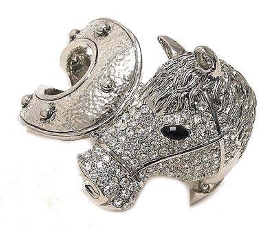 Horse Silver Plated Bangle Bracelet Hinged Bling Crystal Metal