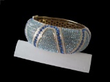 Gold Tone W/blue Rhinestones Hinged Bracelet Chunky Bangle 2 Safety Clasps