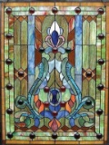 Hand-crafted Victorian Design Stained Glass with Cabochons Window Panel