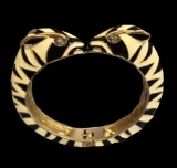 Zebra Gold Tone Enamel Rhinestone Hinged Bangle Bracelet