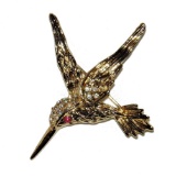 Hummingbird Bird Signed Pin Brooch Rhinestone 14k Gold Plated D M Lind