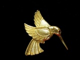 Vintage Textured Gold Tone Hummingbird Bird in Flight Red Rhinestone Brooch Pin