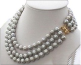 Triple Strands Aaa 9-10mm Natural South Sea Gray Pearl Necklace 18? 14k Gold