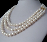 3 Row Strands Natural 9-8mm Akoya White Pearl Necklace 18