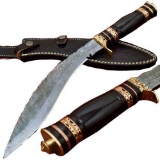 Hand-Made Custom Damascus Steel Kukari Bull Horn Hunting Knife