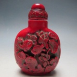 Vintage Hand-carved Chinese Cinnabar Goldfish Snuff Medicine Bottle