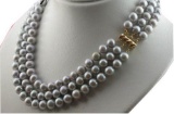 3 Rows Aaa 9-10mm South Sea Gray Pearl Necklace 18 Inch 14k Gold Clasp