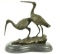 Original Signed two Wildlife Crane Cranes Pond Garden Bronze Sculpture Statue