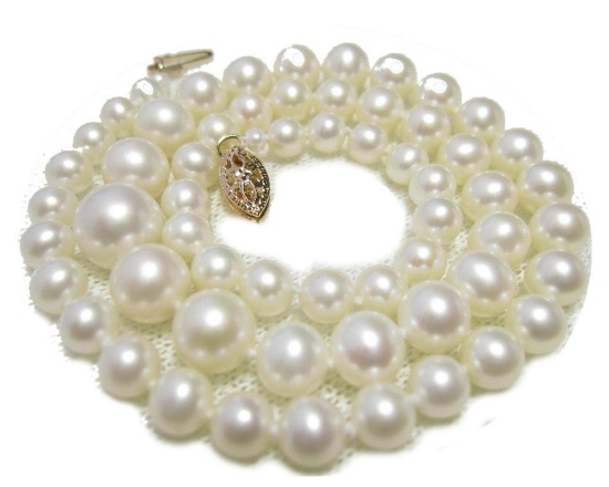 Fine Graduated Aaa White 4.5-9mm Akoya Pearl Necklace 17" 14k Gold