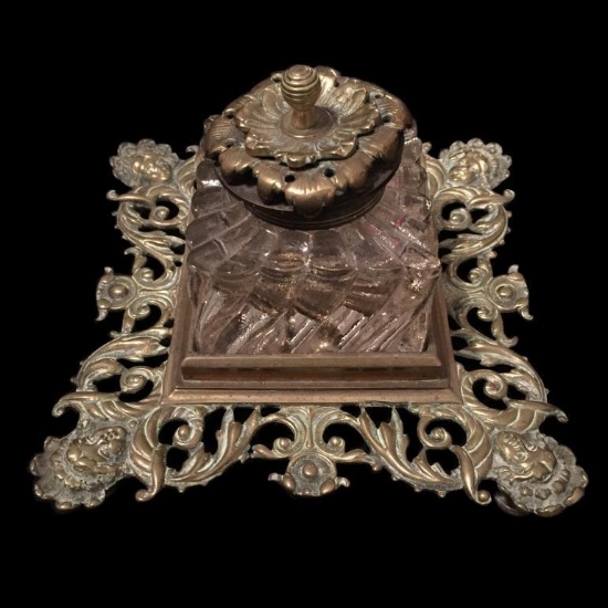 19thc Ornate Brass & Cut Glass Inkwell