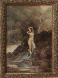 Forest Nymph, mid 1800's framed oil painting of a nude nymph in the forest. Alegorical