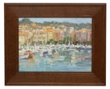 20thc Signed Oil On Board, Harbor Houses & Boats