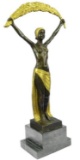 Signed~Chiparus~ Gold Patina Gilt Shawl Dancer Bronze Sculpture Marble