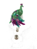Brightly Jeweled Peacock Badge Reel