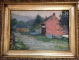Late 19thc Signed Oil Painting, American Red House