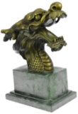 Hot Cast Detailed Dragon Head Bronze Sculpture Green Marble Base Figurine Figure