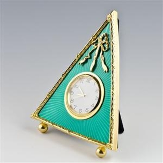 5" Green Triangle Enameled Guilloche Russian Antique Style Faberge Clock