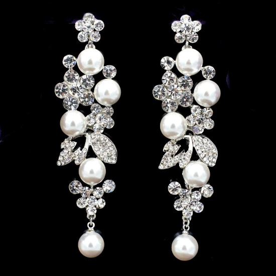Rhodium Plated Clear Crystal Pearl Wedding Chandelier Drop Dangle Earrings