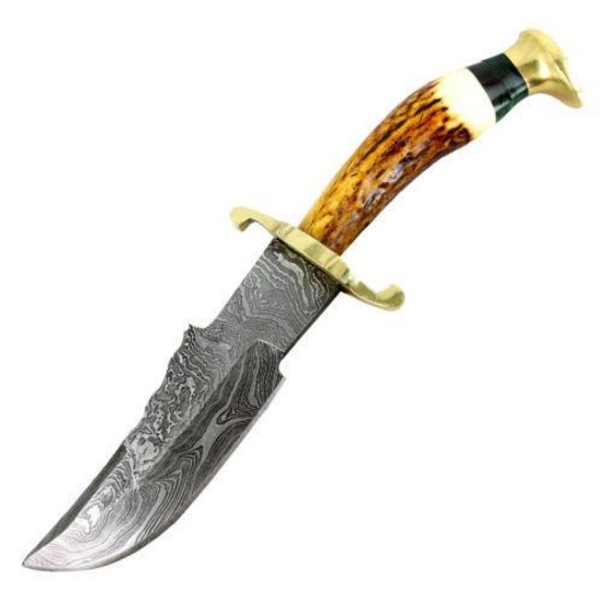 The Bone Edge Damascus Blade Hunting Knife Burnt Wood Handle Leather Sheath