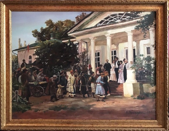 Large late 20thc Russian School, Wedding Party Oil Painting